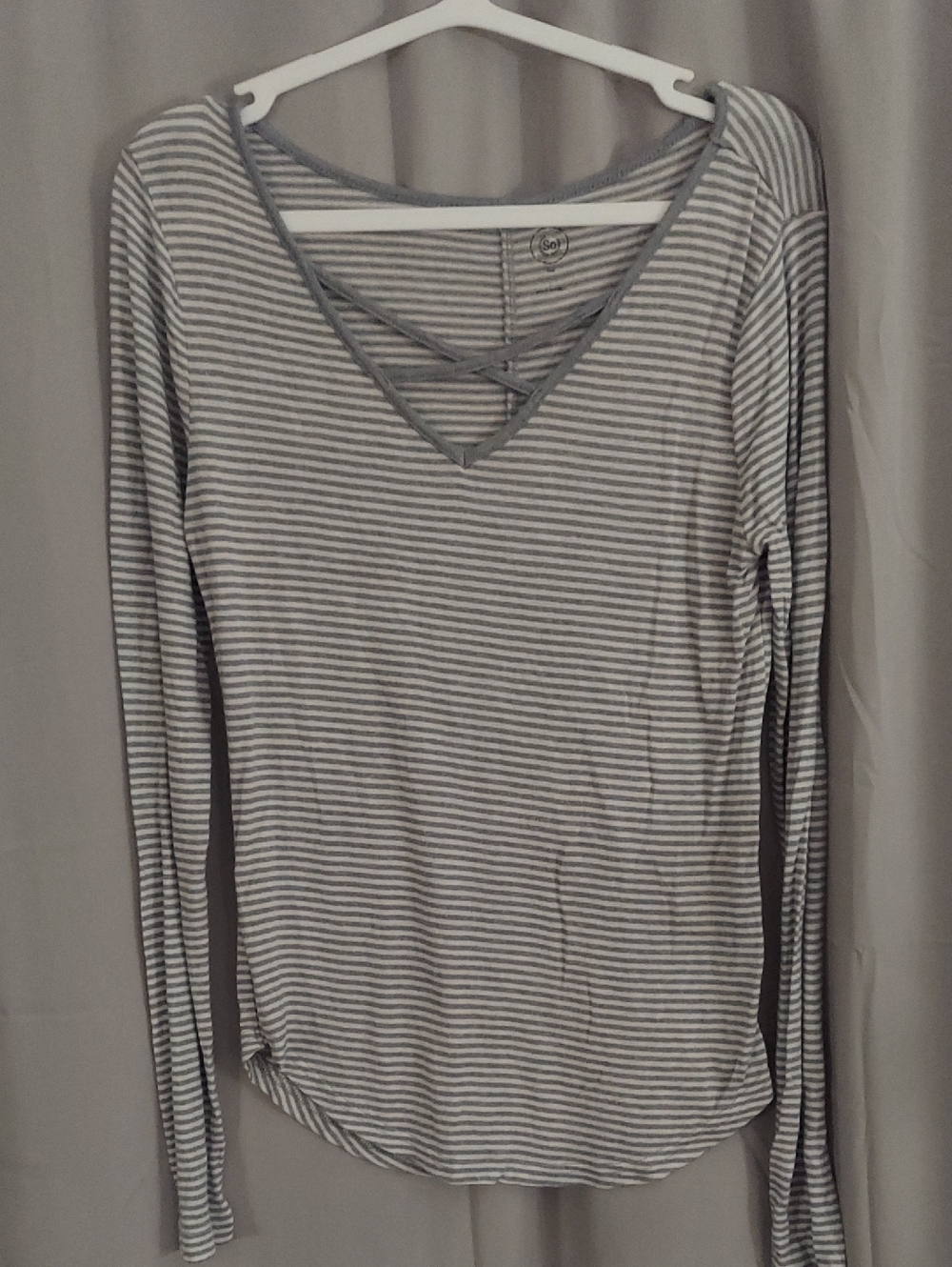 SO Gray and White Striped Long-Sleeve V-Neck Top with Crisscross